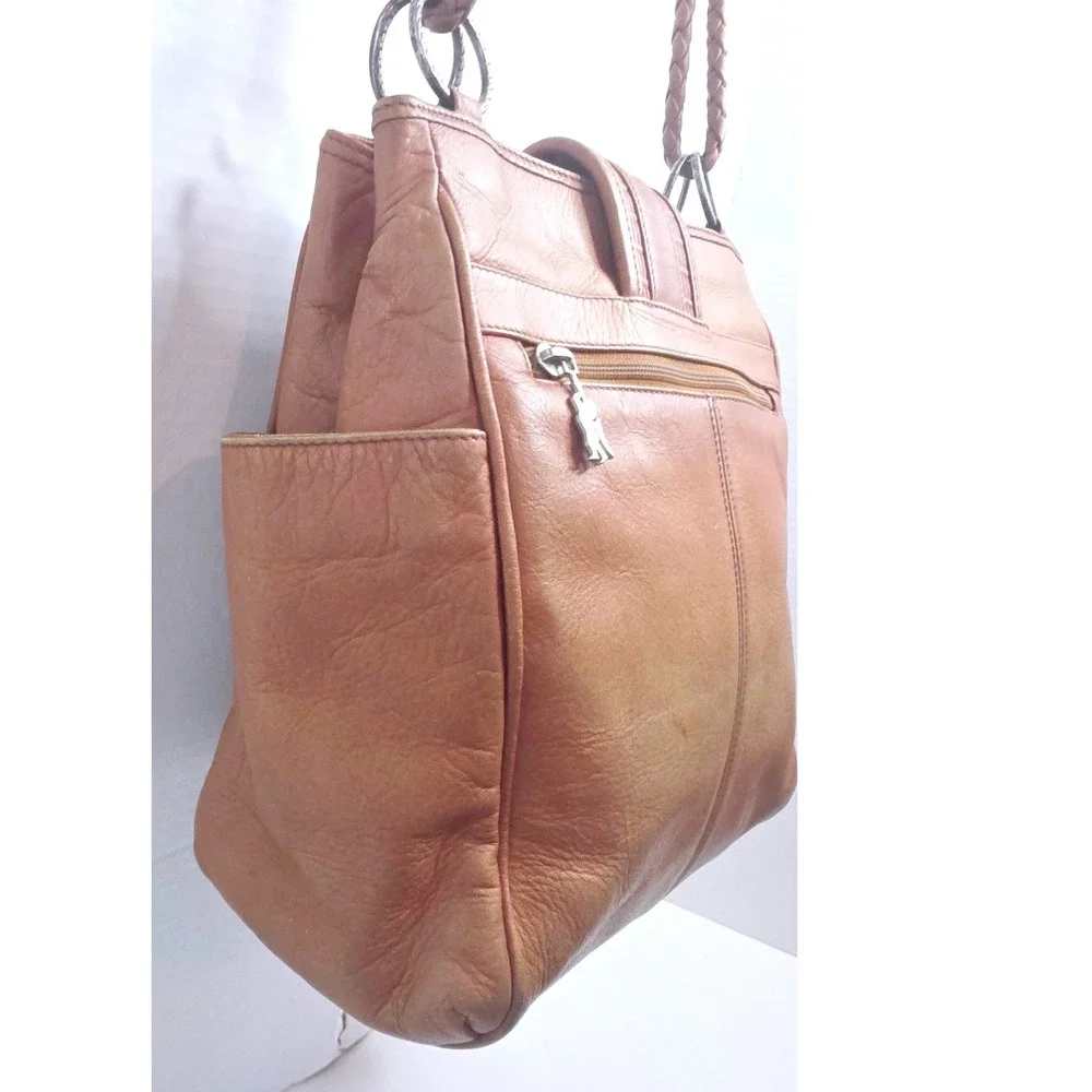 VTG 90s American Angel Tan Leather Braided‎ Strap Shoulder Bag Silver Medallion